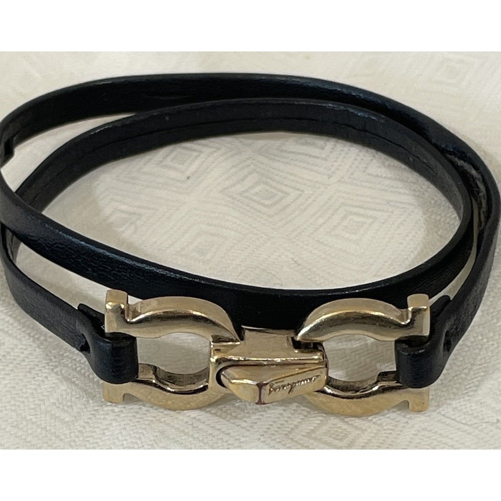 Salvatore Ferragamo Black Leather Double-Wrap Bracelet with Gold Hardware